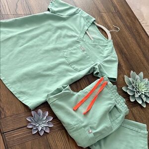 Figs Jade Green Scrub Set with Orange Accents